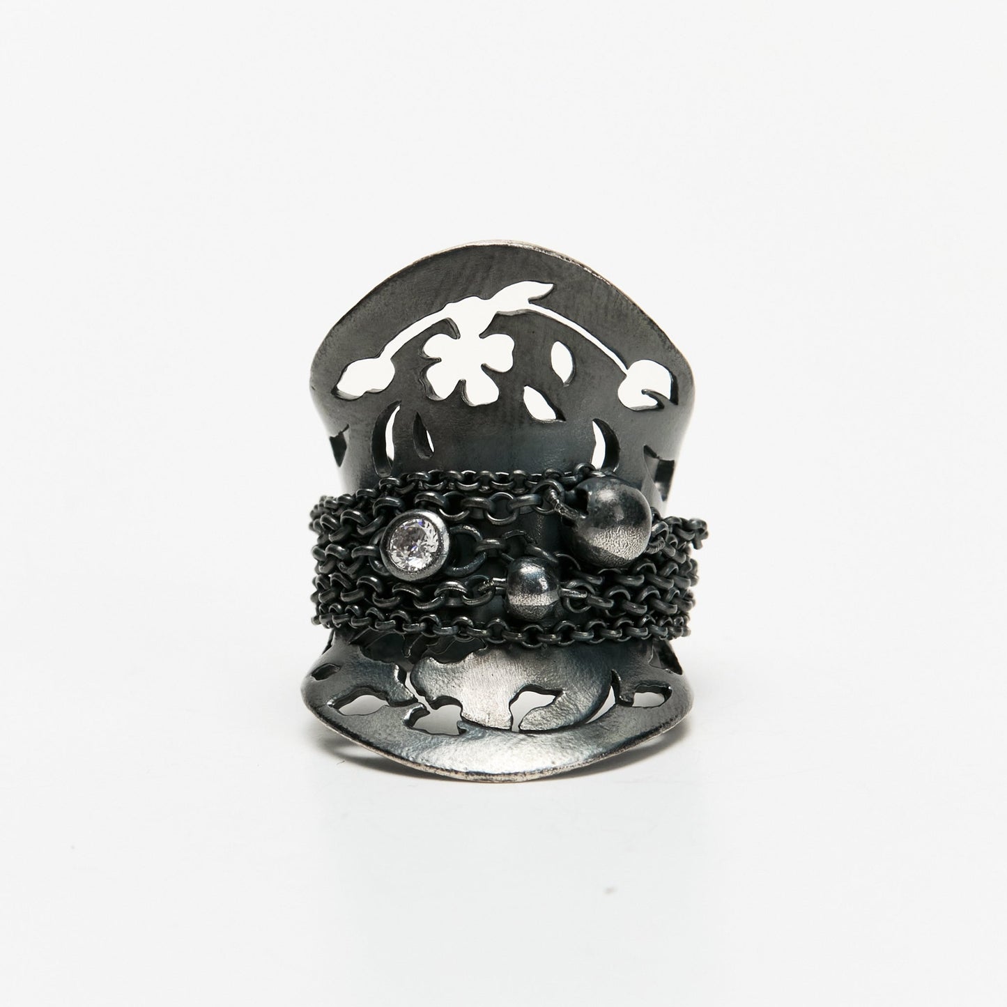 Black openwork Floral Leaf and Tassel Wide Band Ring