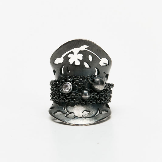 Black openwork Floral Leaf and Tassel Wide Band Ring