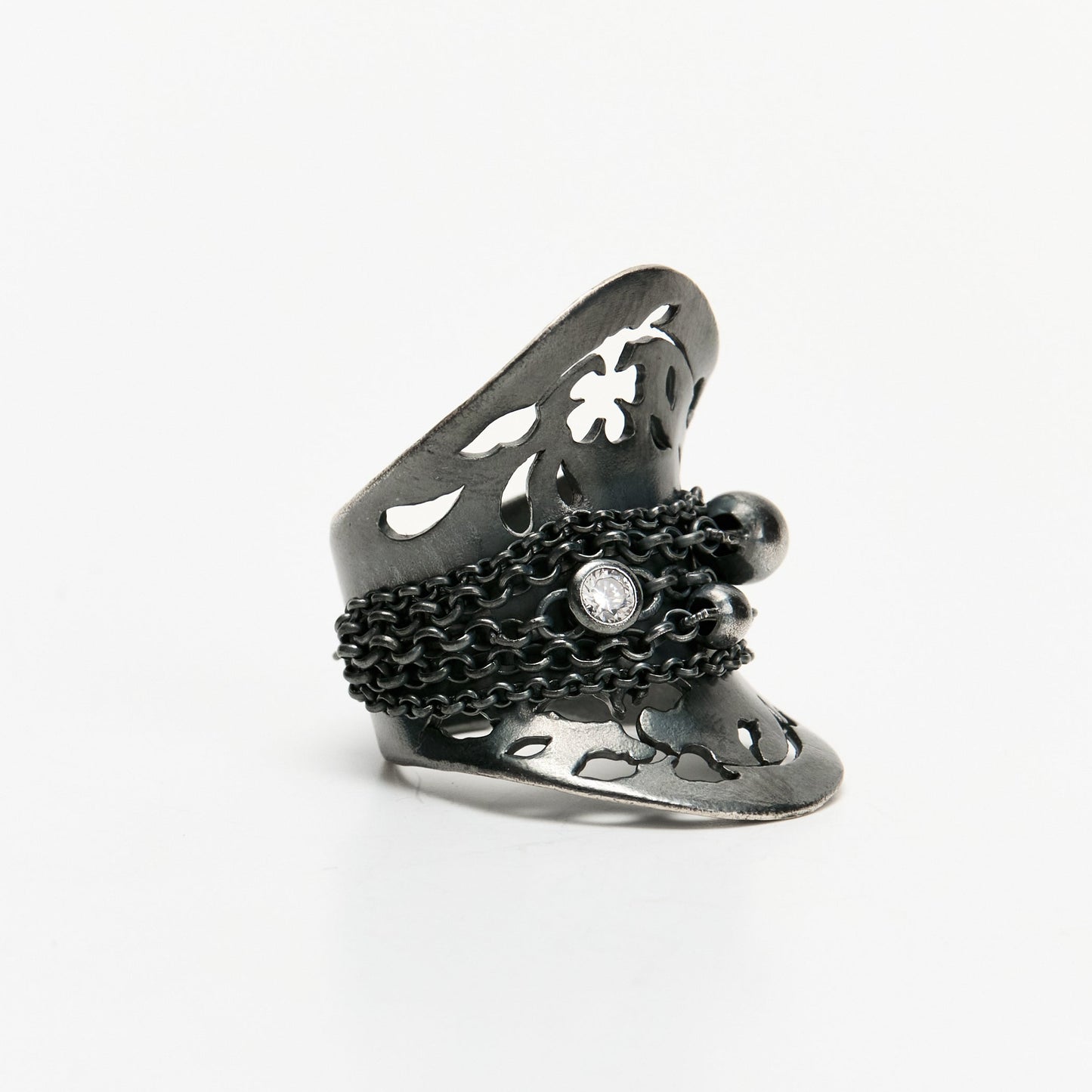 Black openwork Floral Leaf and Tassel Wide Band Ring