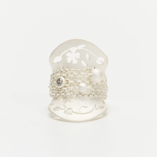 White openwork Floral Leaf and Tassel Wide Band Ring