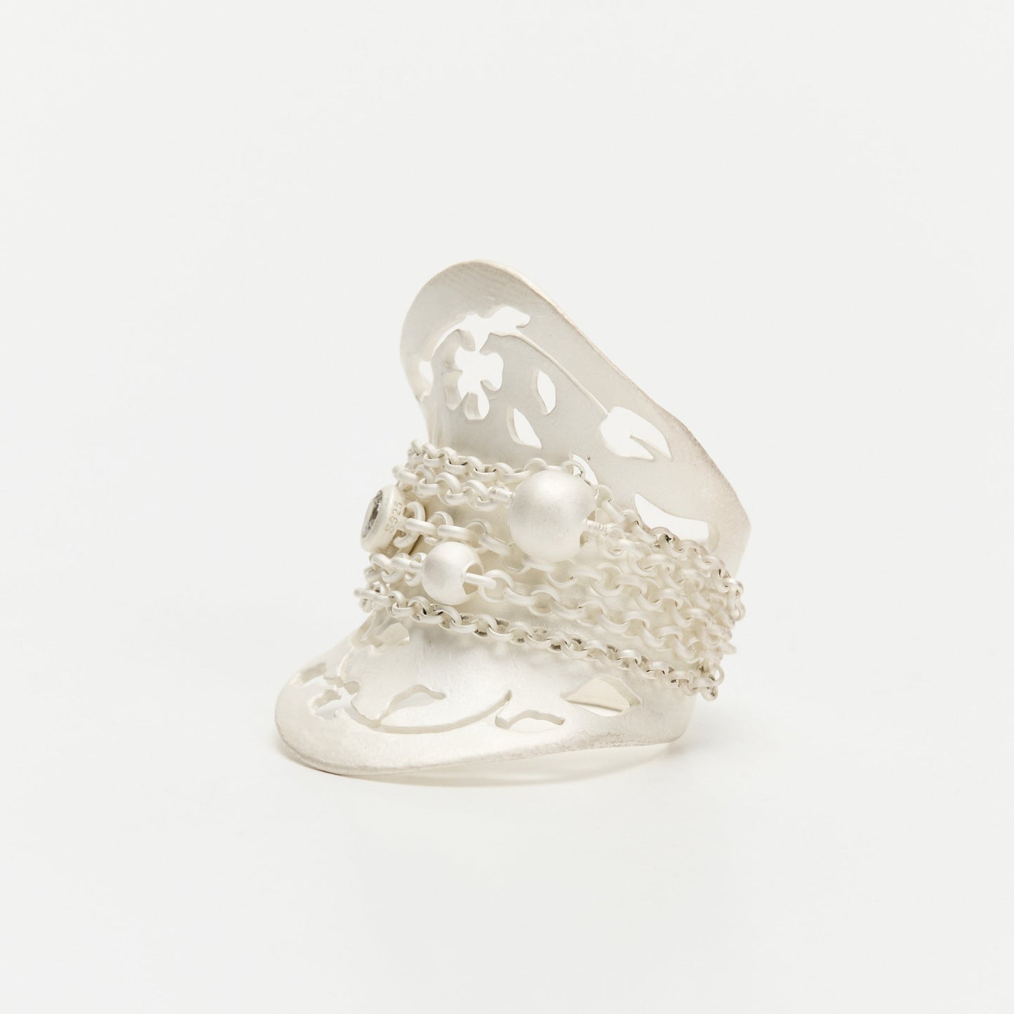 White openwork Floral Leaf and Tassel Wide Band Ring