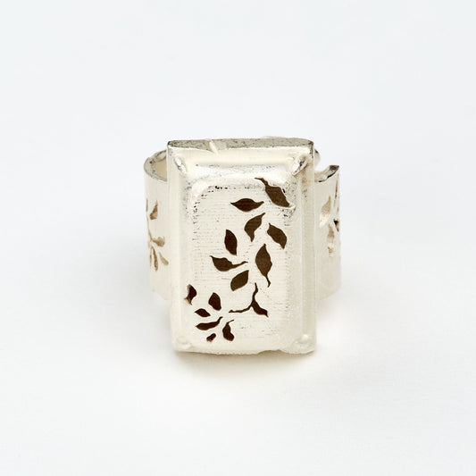 White Leaf-Patterned Carved 3D Square Ring